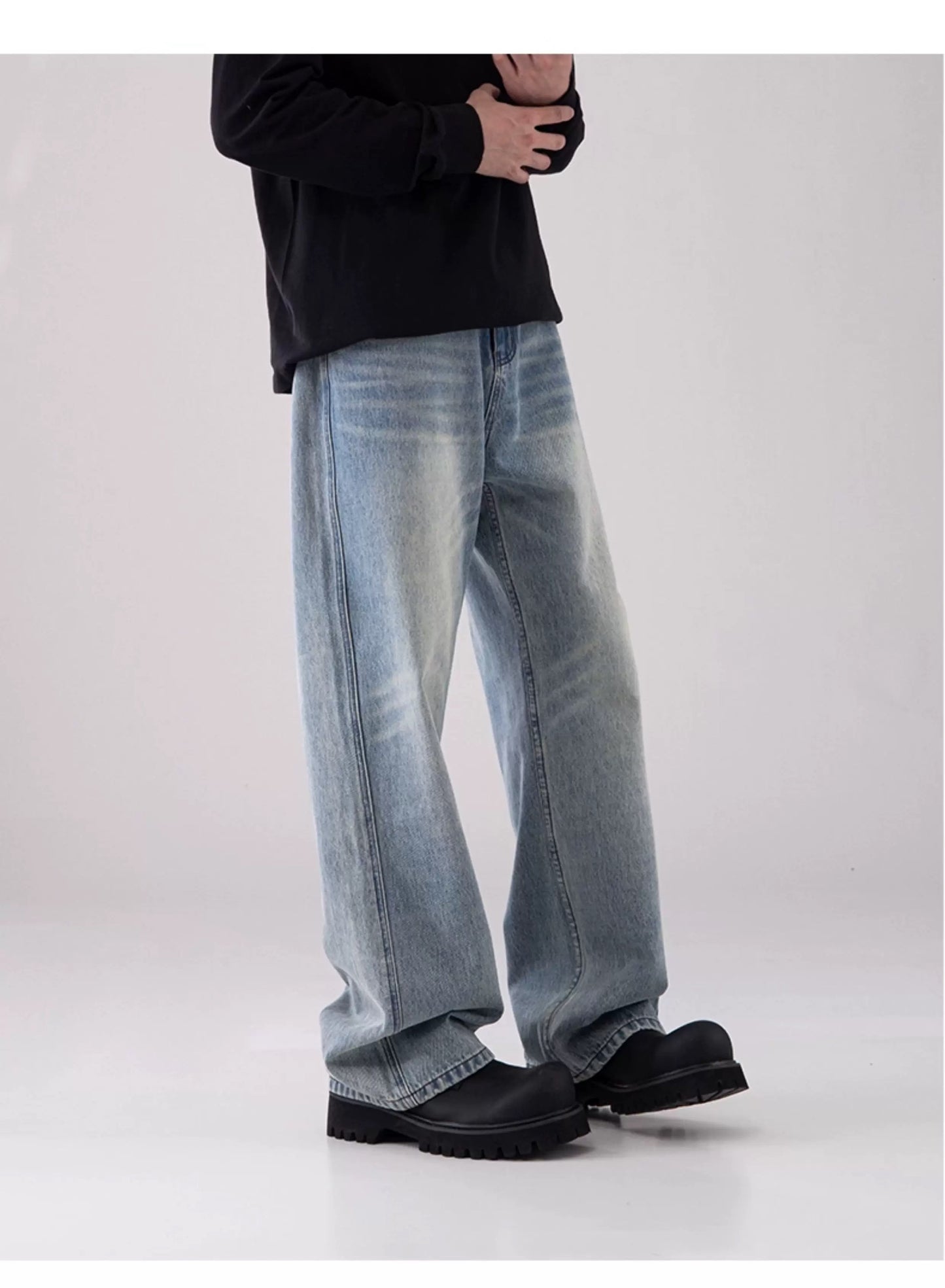 Men’s Vintage Washed Wide-Leg Jeans – American Retro Streetwear Denim T0138