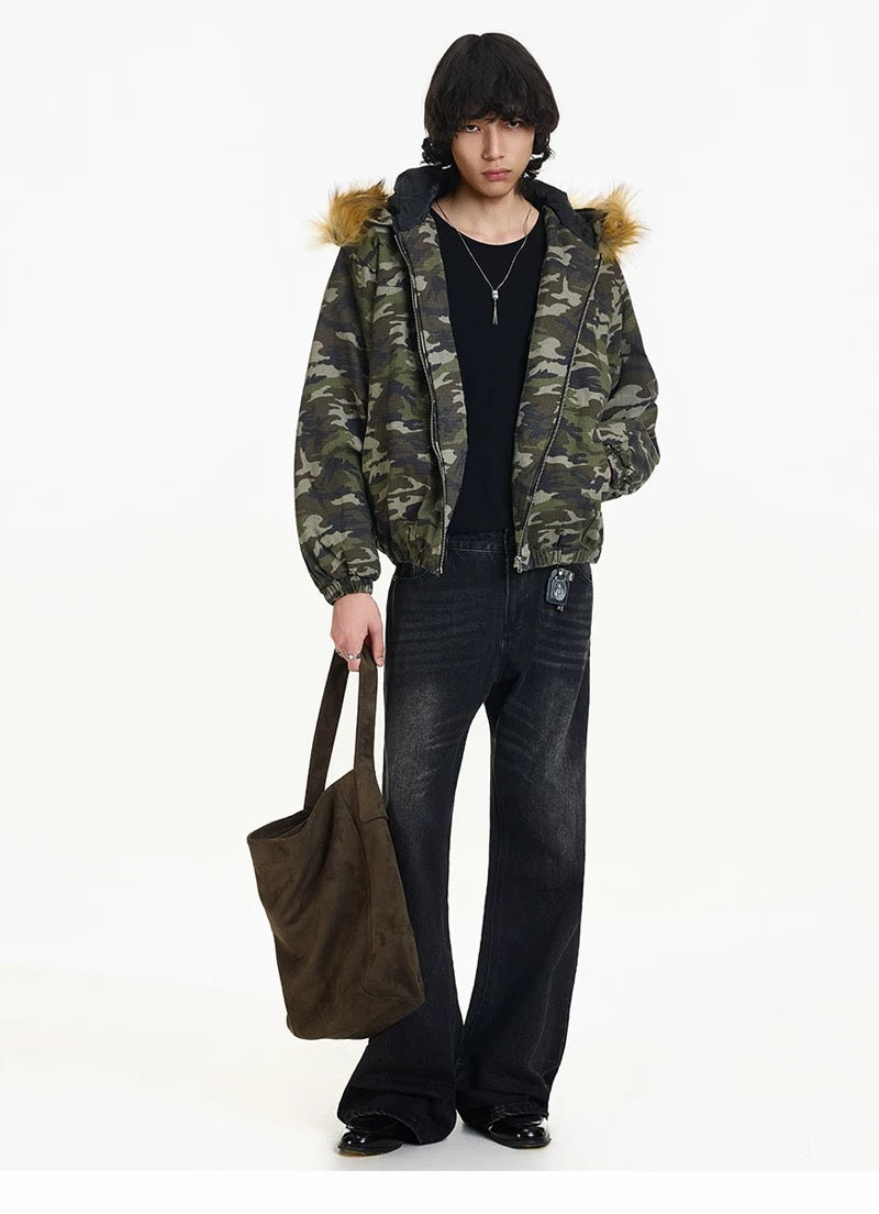 Men’s Vintage Camo Fur Hooded Puffer Jacket – American Retro Winter Street Coat T0056