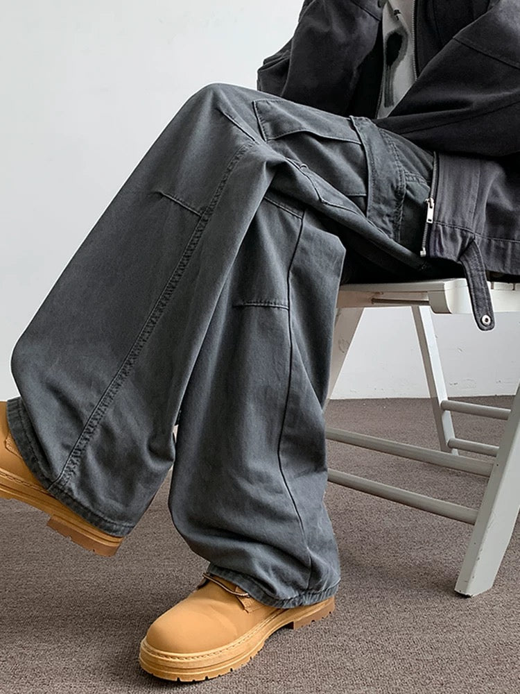 Men’s Gray Multi-Pocket Cargo Pants – Utility Streetwear Loose Fit Trousers B0062