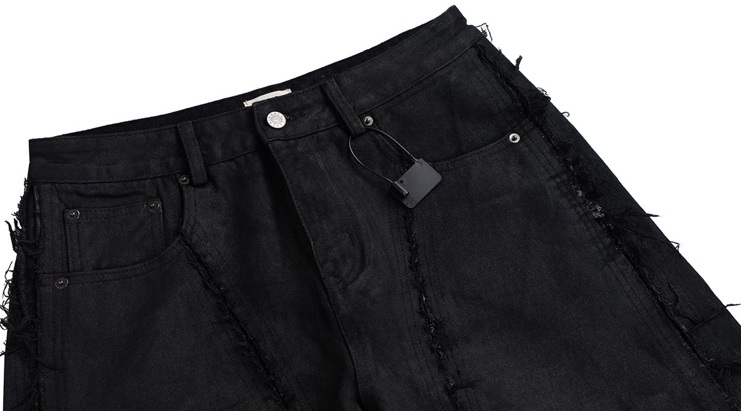 Men’s American Street Style Waxed Wash Distressed Baggy Jeans Wide Leg Curved Cut Floor-Length Denim Pants B0097