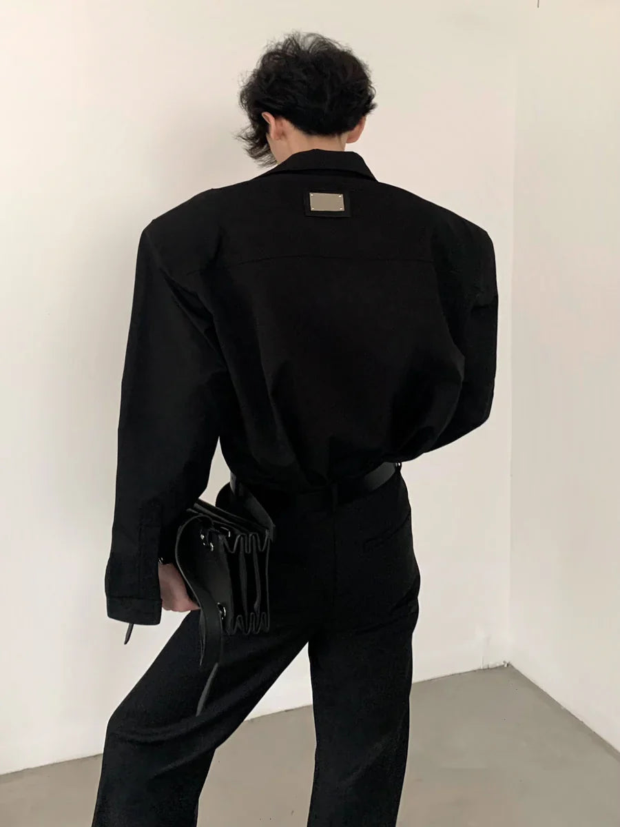 [AUTUMNWIND] BLACK SHOULDER PADS METAL PUNK SHIRT S0059