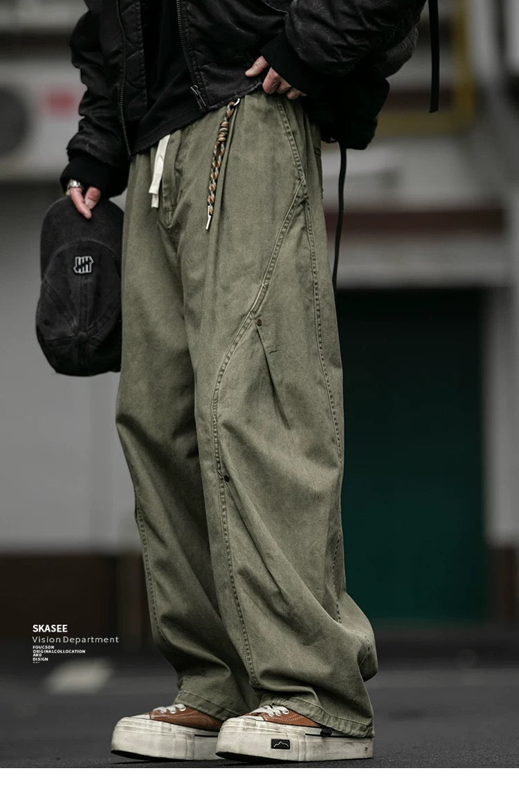 ヴィンテージアメリカンヘビーウォッシュダブルプリーツカーゴパンツ（リベット付き）、バギーワイドレッグドローストリングカジュアルジョガーパンツ T0011