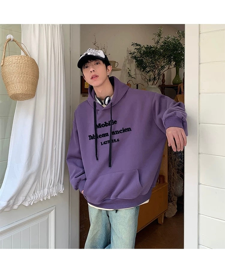 Men’s Vintage Brushed Embroidery Hoodie – Retro American Streetwear Pullover T0202