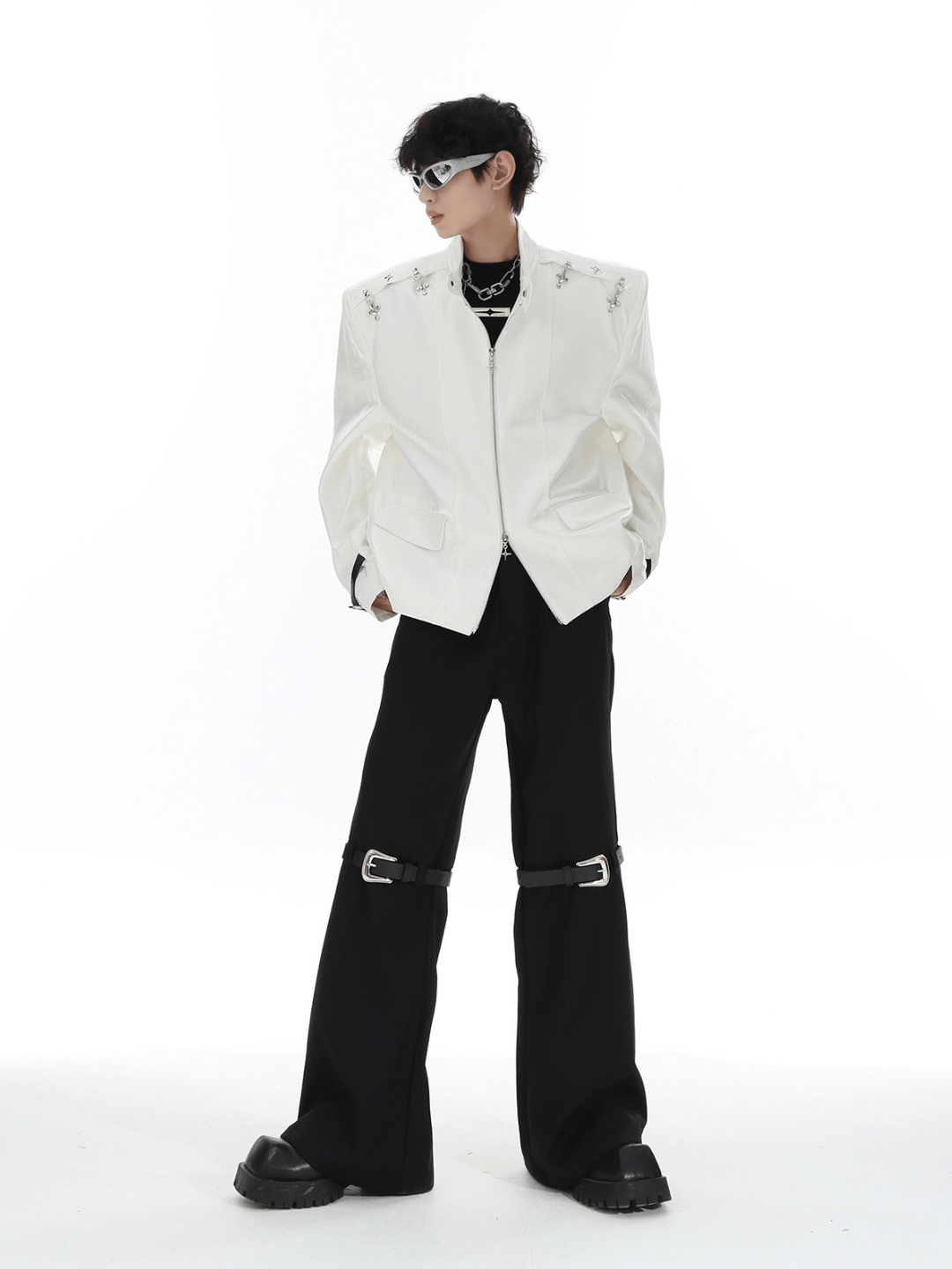 metal button multi drape straight pants B0001