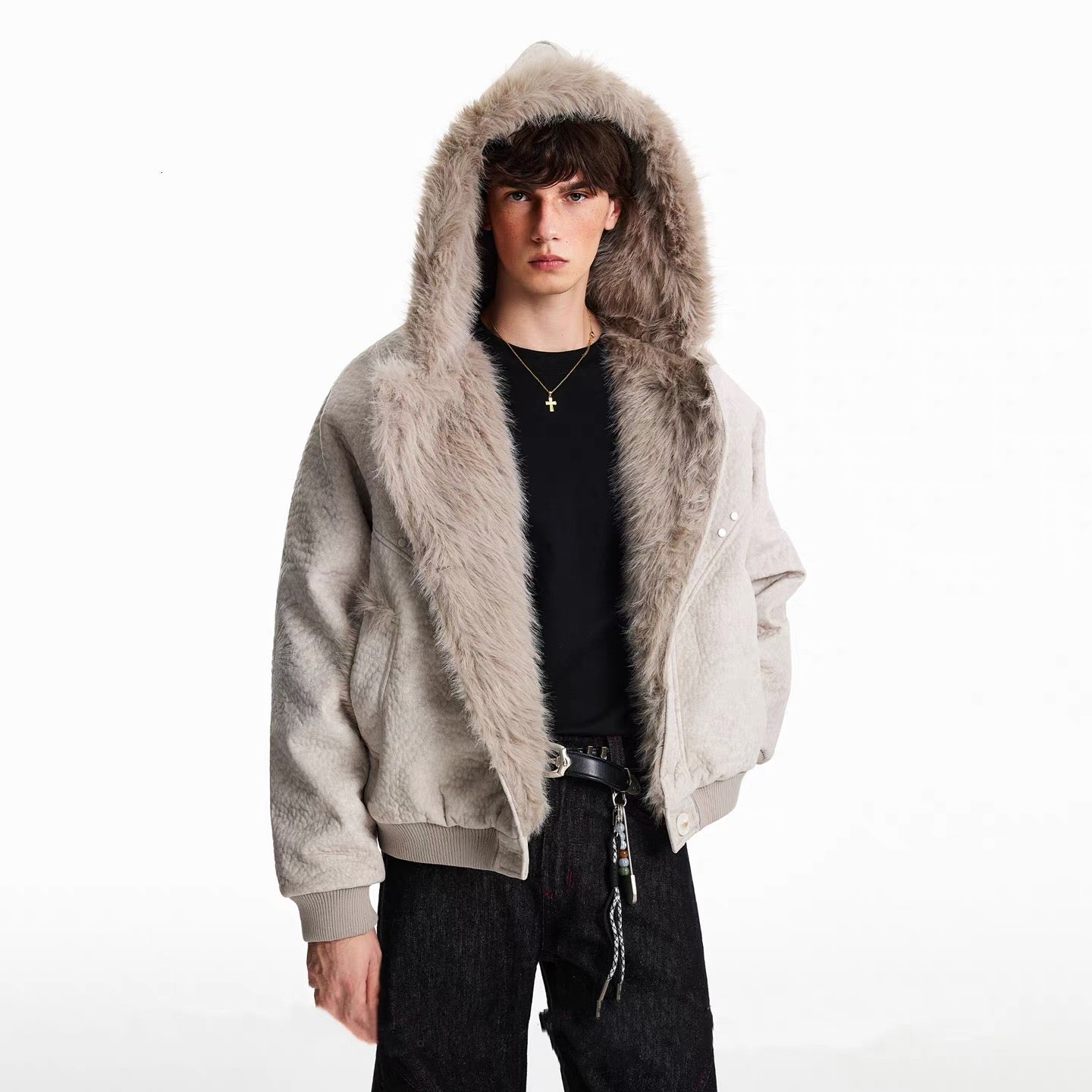 American Vintage Faux Rabbit Fur Hooded Jacket T0254