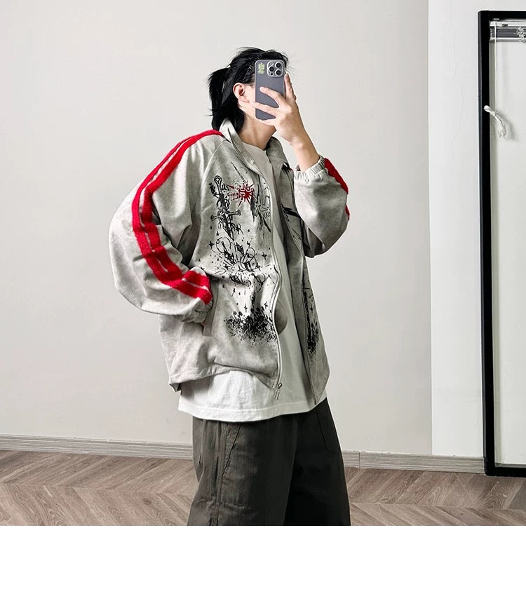 メンズ プリント カラーブロック フリースジャケット - レトロ パッチワーク ストリートウェア アウターウェア T0037