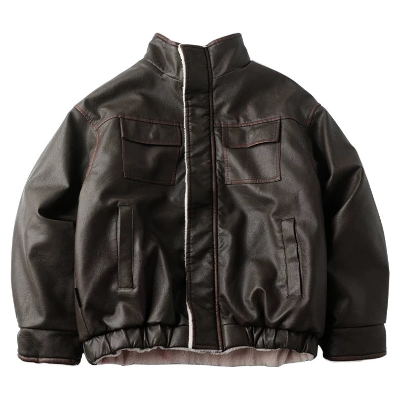 Chaqueta acolchada de algodón y piel sintética con cuello alto retro para hombre, abrigo de calle Morandi marrón grueso y cálido de lana de cordero T0013