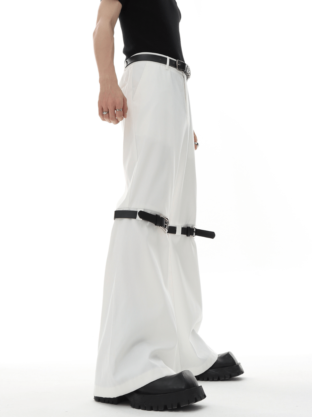 metal button multi drape straight pants B0001