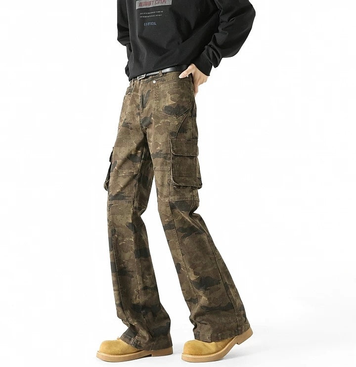Men’s Camouflage Flared Cargo Jeans – American Vintage Workwear Street Denim B0078