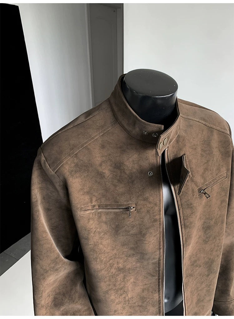 Chaqueta vintage de piel sintética con efecto tie-dye para hombre, cuello alto, estilo urbano, T0078