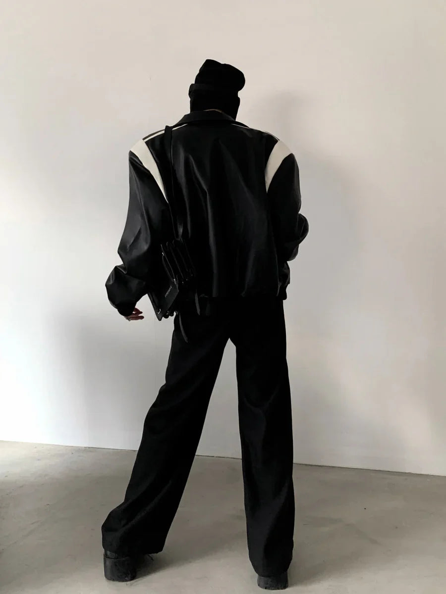 [AUTUMNWIND] BLACK COTTON THICKENED LEATHER JACKET T0121