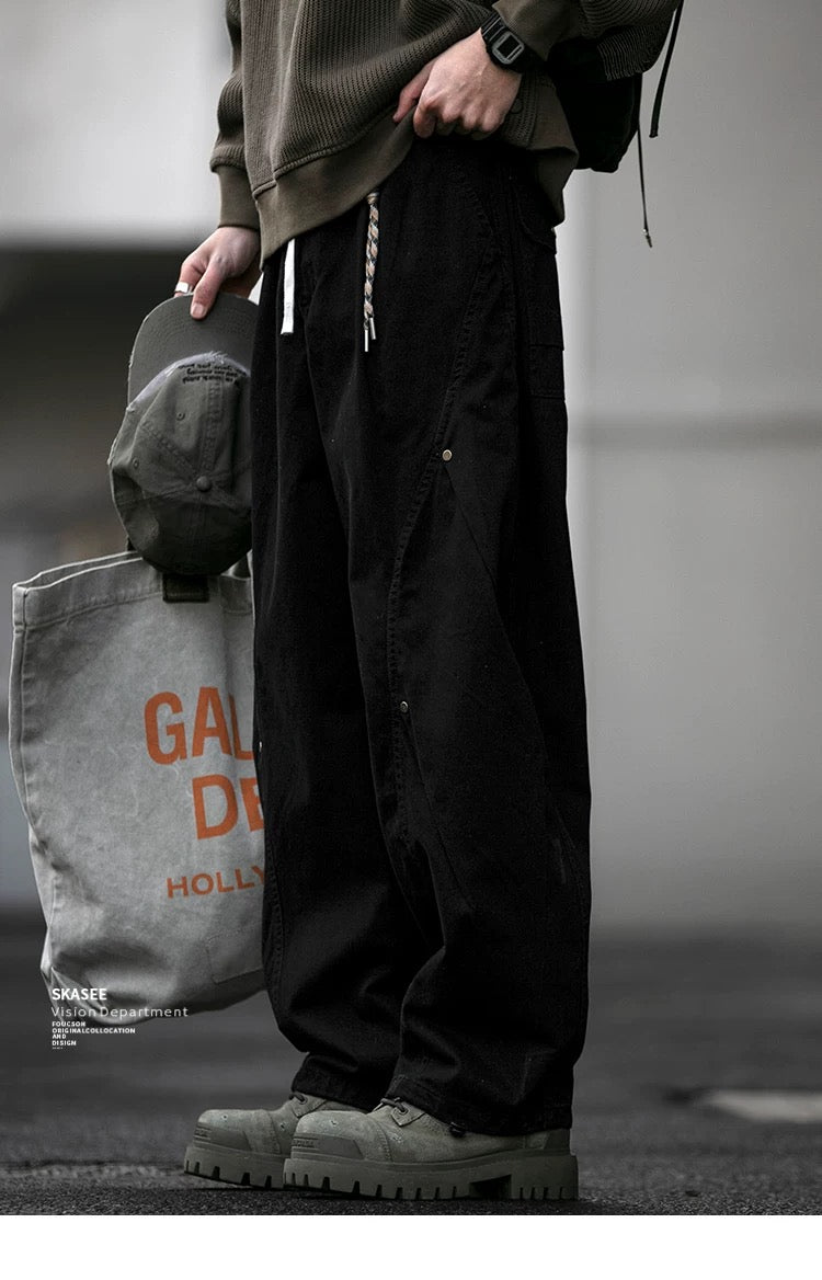 ヴィンテージアメリカンヘビーウォッシュダブルプリーツカーゴパンツ（リベット付き）、バギーワイドレッグドローストリングカジュアルジョガーパンツ T0011