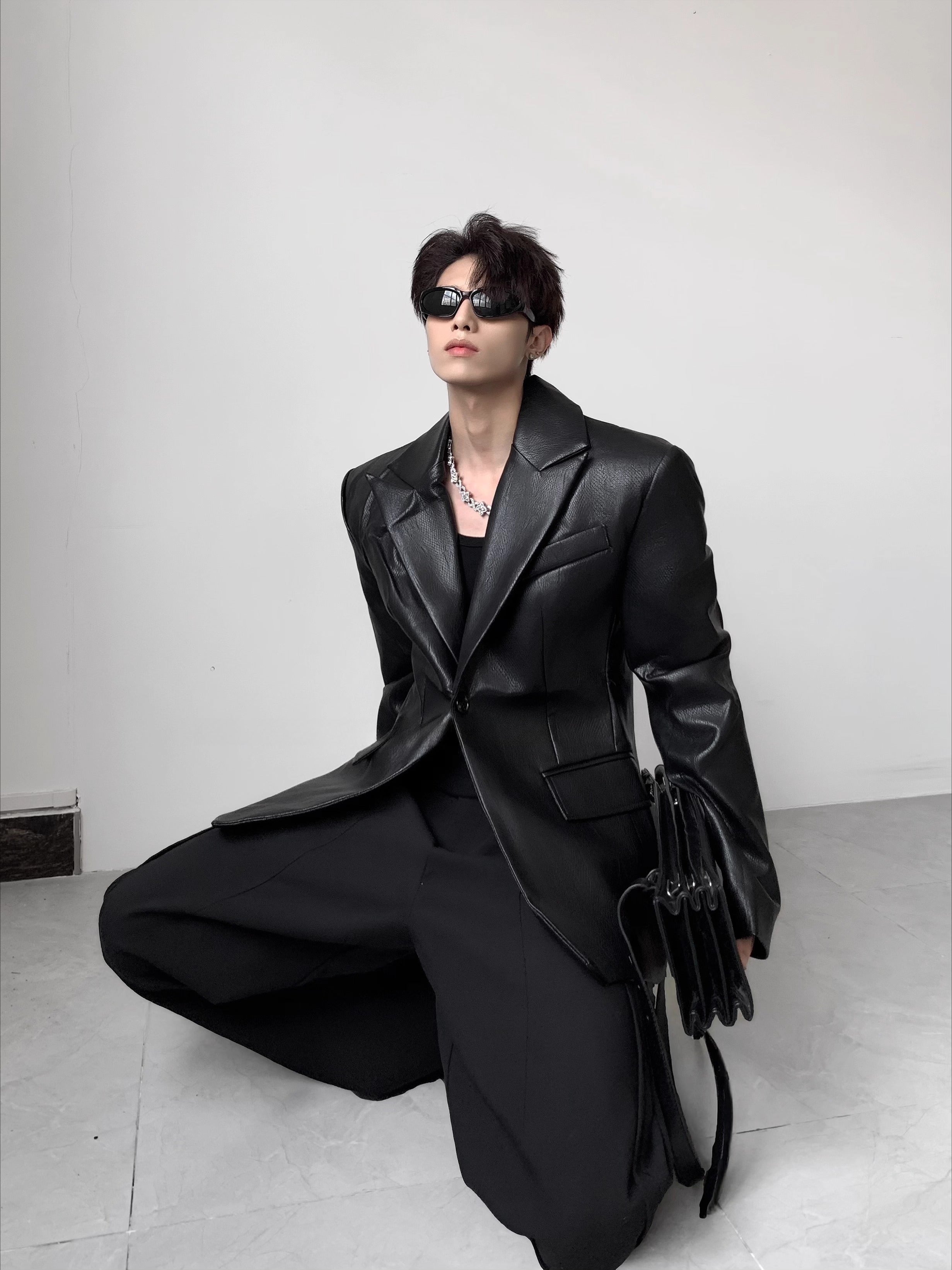 Light luxury suit version design shoulder padded leather jacket men's autumn advanced sense ruffian handsome waist suit R017