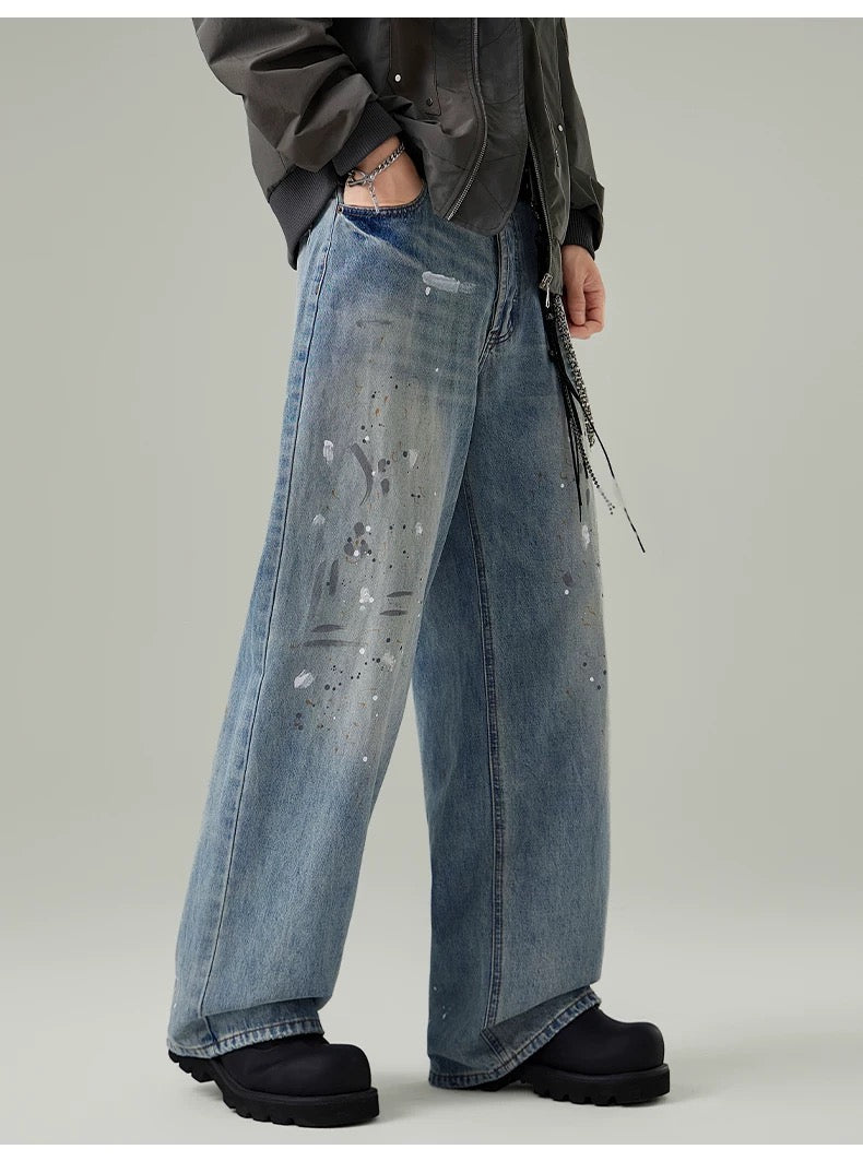 Men’s Paint-Splatter Washed Jeans – Vintage American Street Art Denim Pants B0055