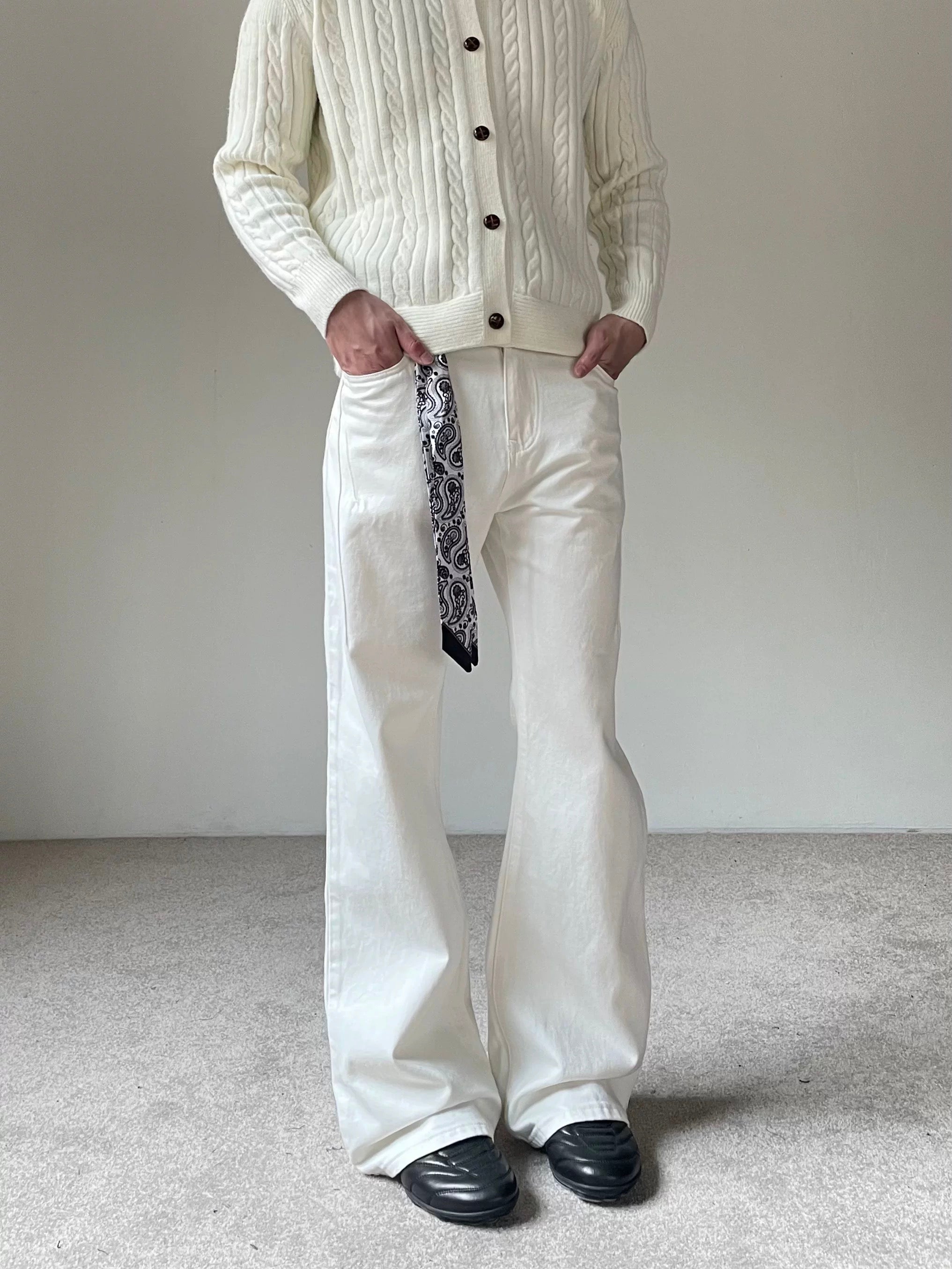 Men’s Vintage Scarf Detail Flare Jeans – American High Street Denim Pants B0074