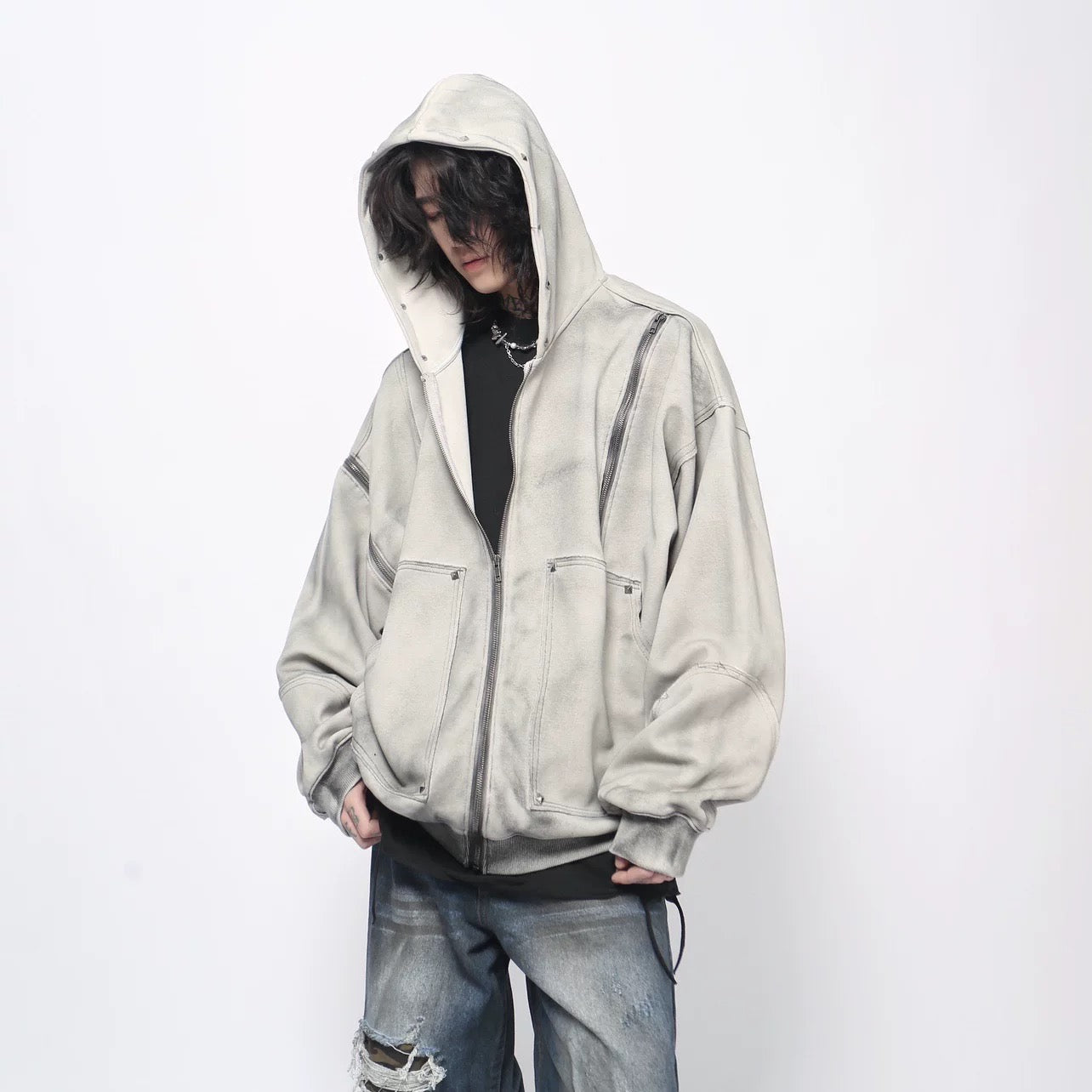Men’s Heavyweight Streetwear Hooded Zip-Up Hoodie Painted Distressed Oversized Casual Jacket T0077