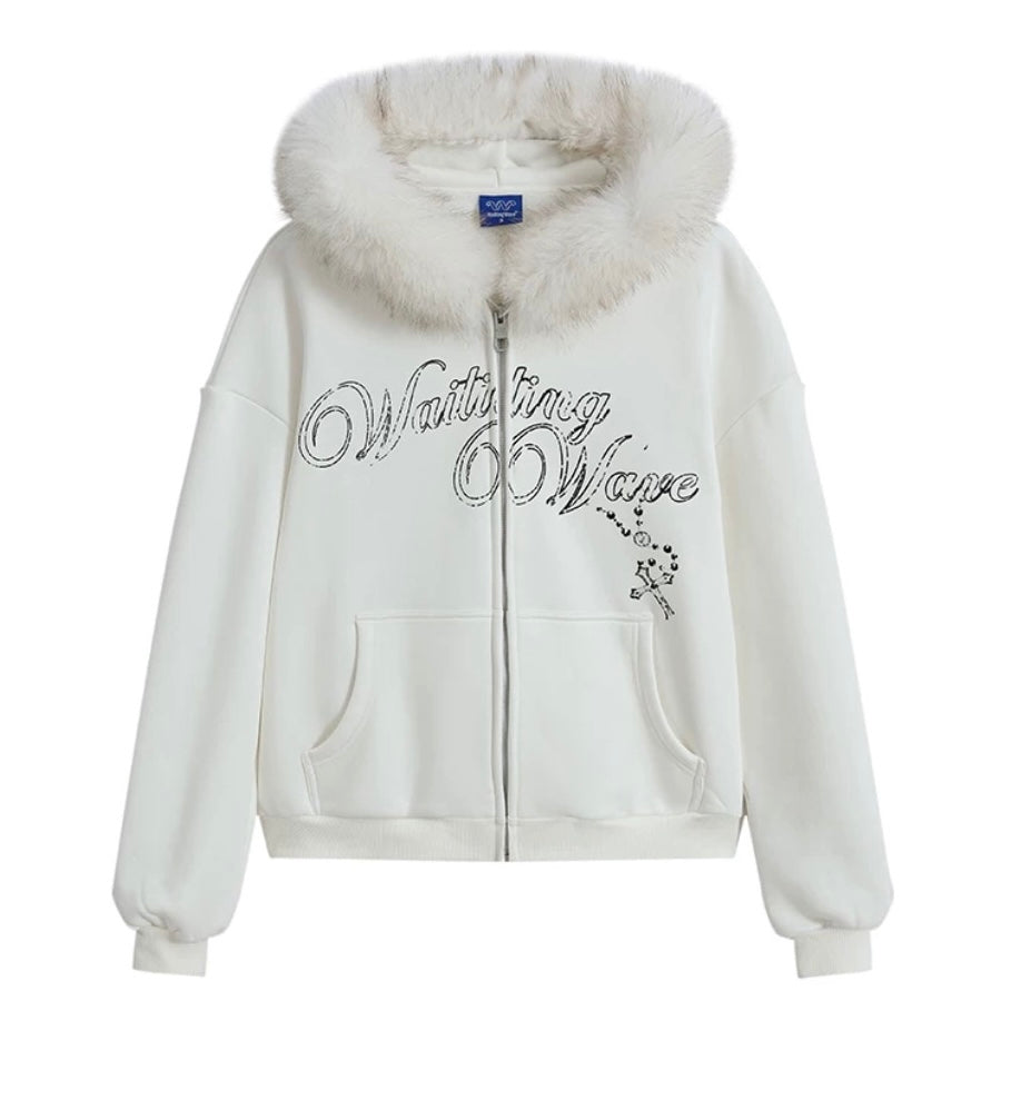 Vintage Graphic Fleece Hoodie with Faux Fur Collar T0029