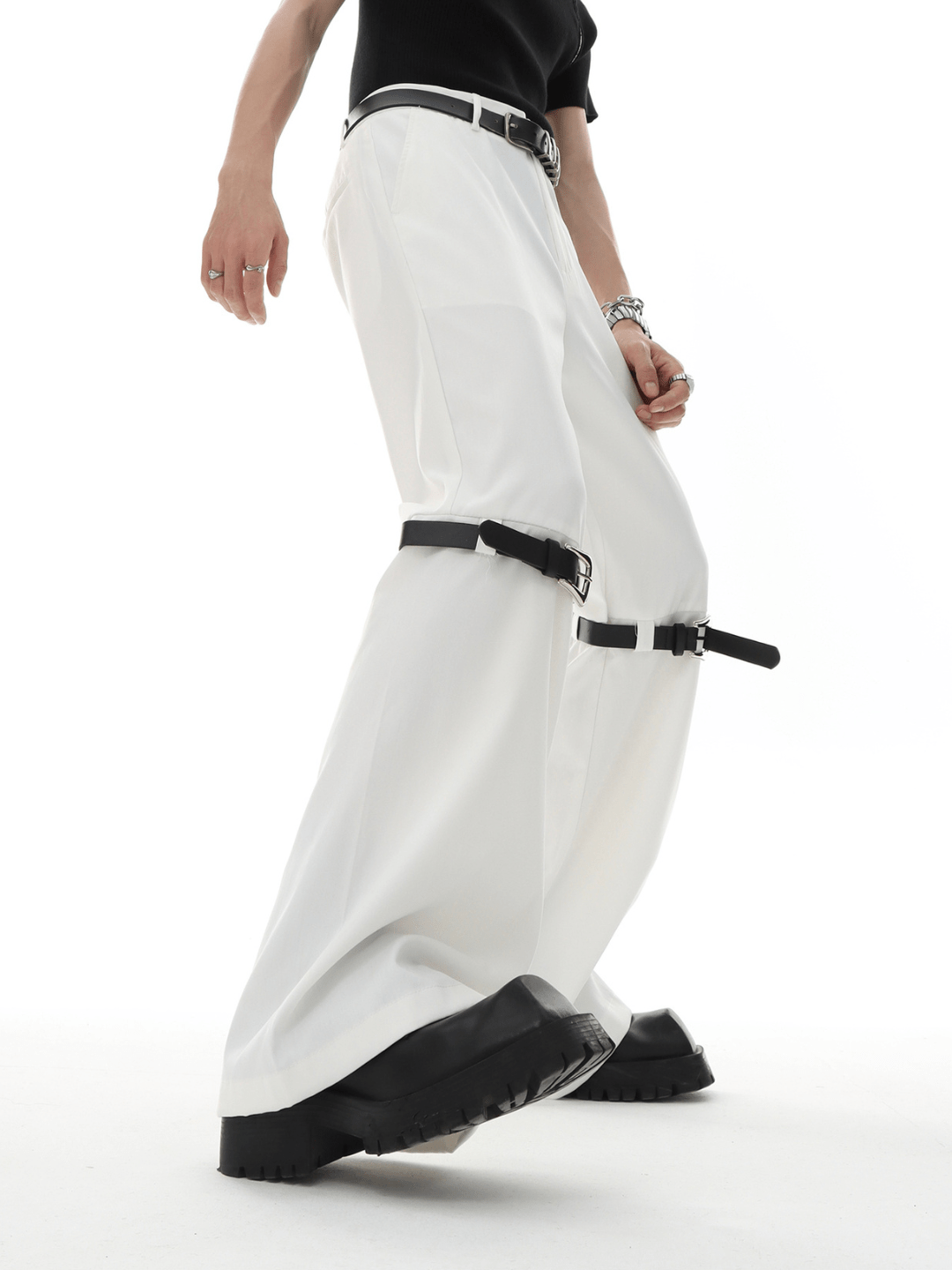 metal button multi drape straight pants B0001
