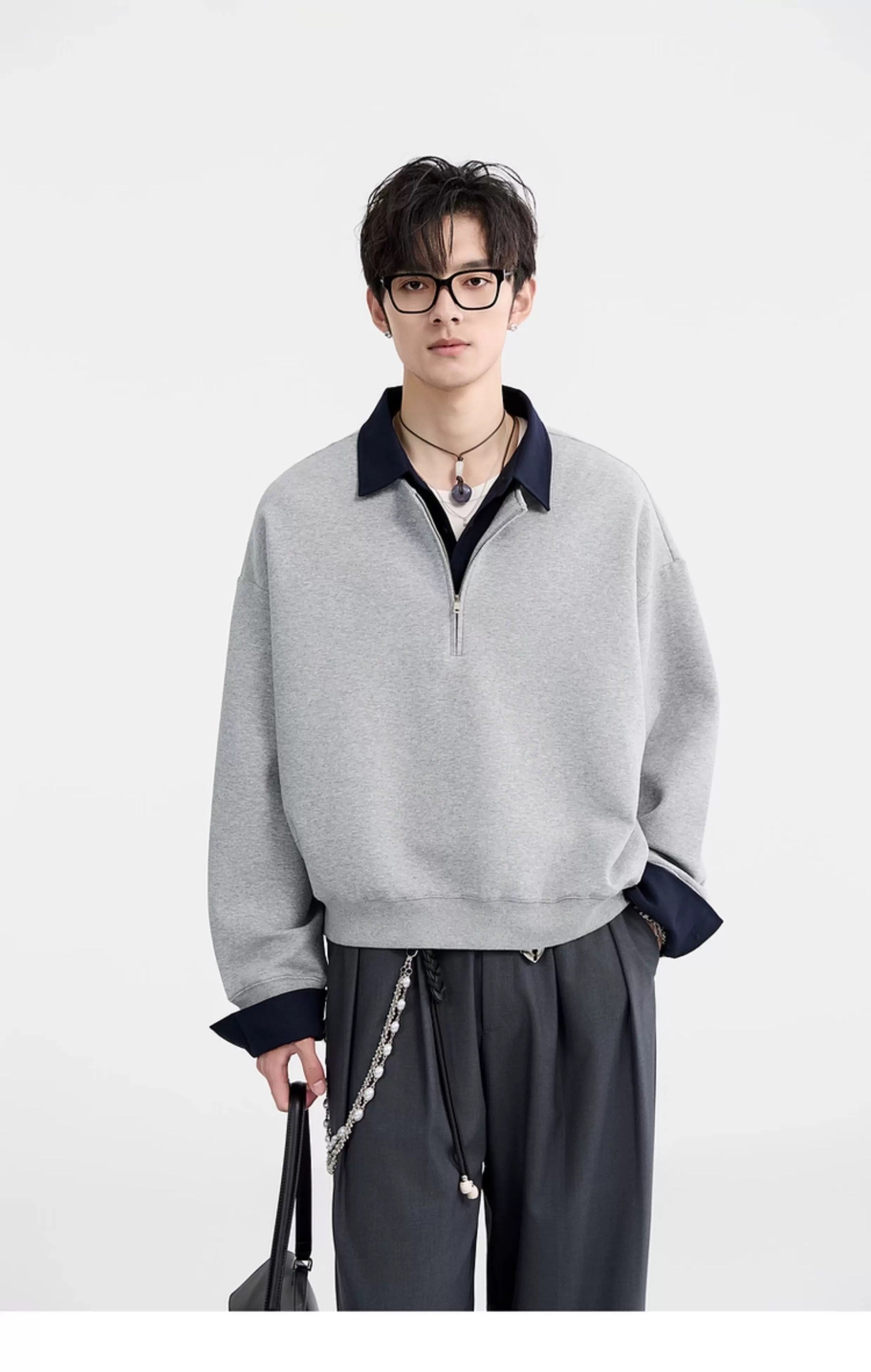 Sudadera con cuello camisero y bloques de color - Jersey extragrande Cleanfit con media cremallera para hombre T0047