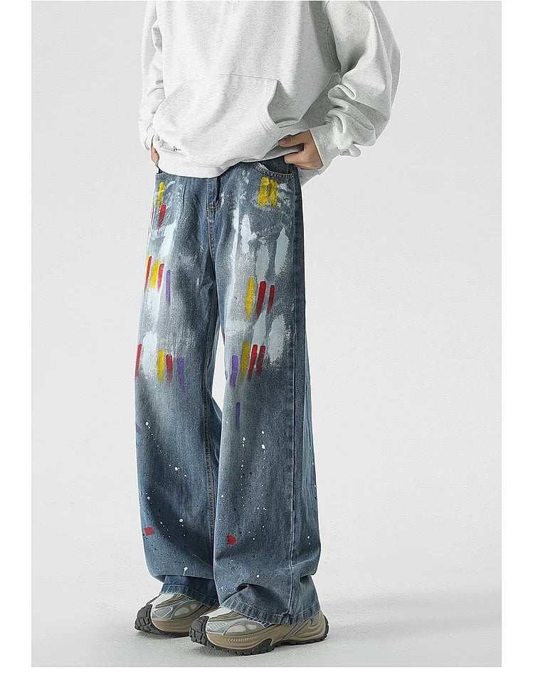 Men’s Graffiti Denim Jeans – Vintage American High Street Painted Streetwear Pants B0058