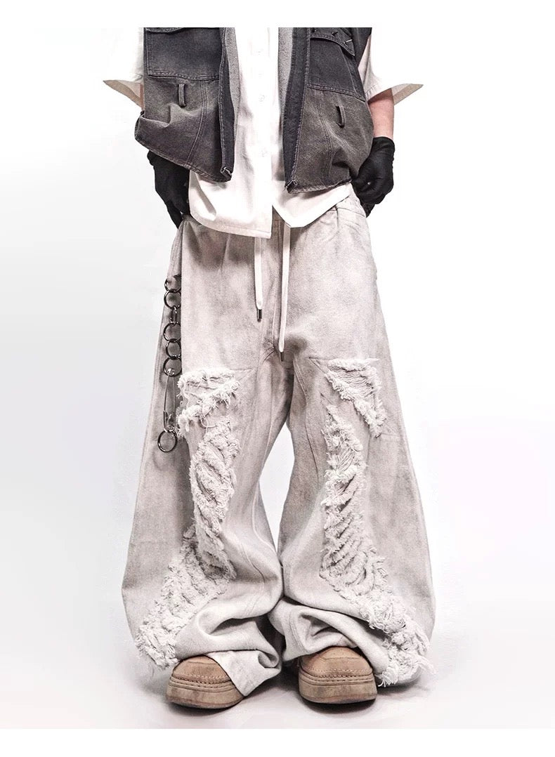 Men’s Vintage Distressed Washed White Denim Jeans Streetwear Loose Straight Mud-Dye Baggy Pants B0096