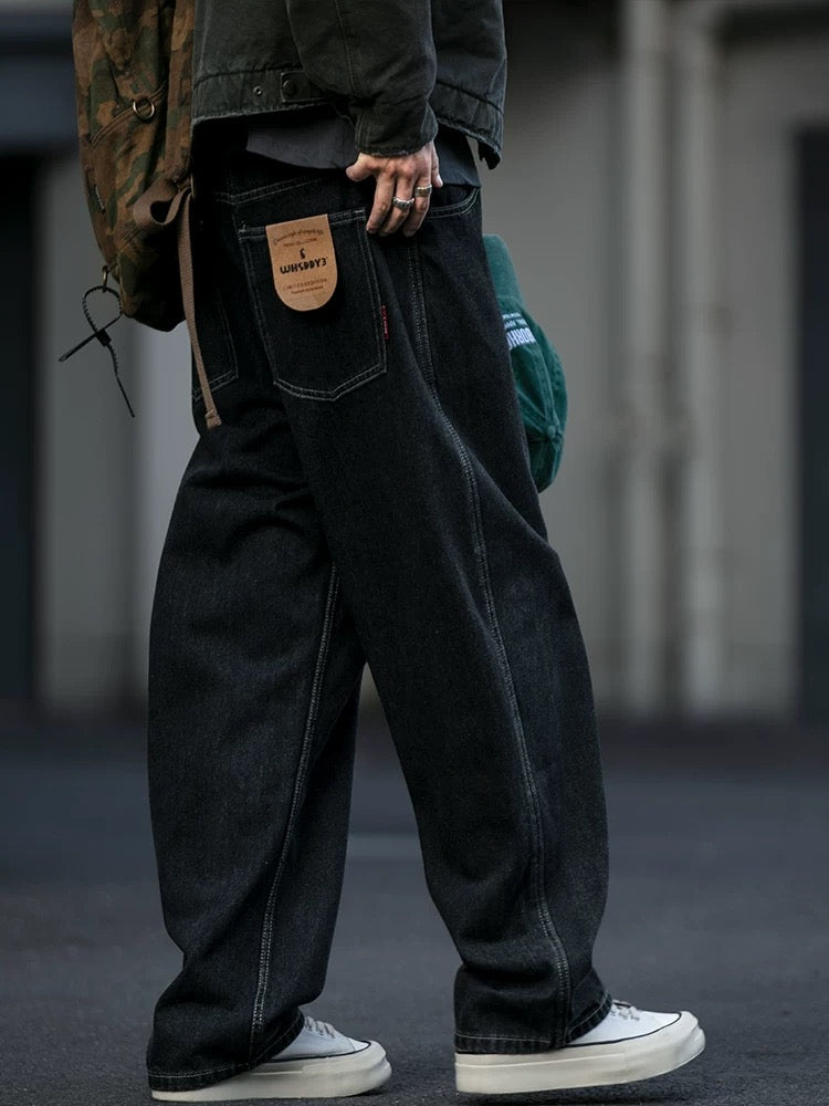 Japanese Streetwear Drawstring Ties Contrast Stitching Denim Pants Men's Loose Straight Leg Washed Versatile Baggy Haramaki Joggers B0111