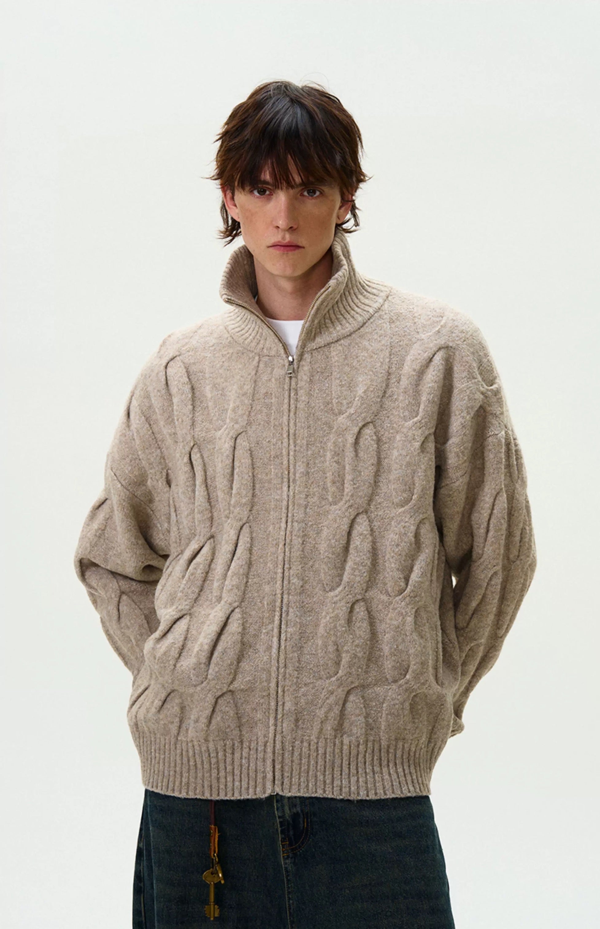 Vintage Cable Knit Turtleneck Sweater – American Retro Textured Pullover for MenS0026