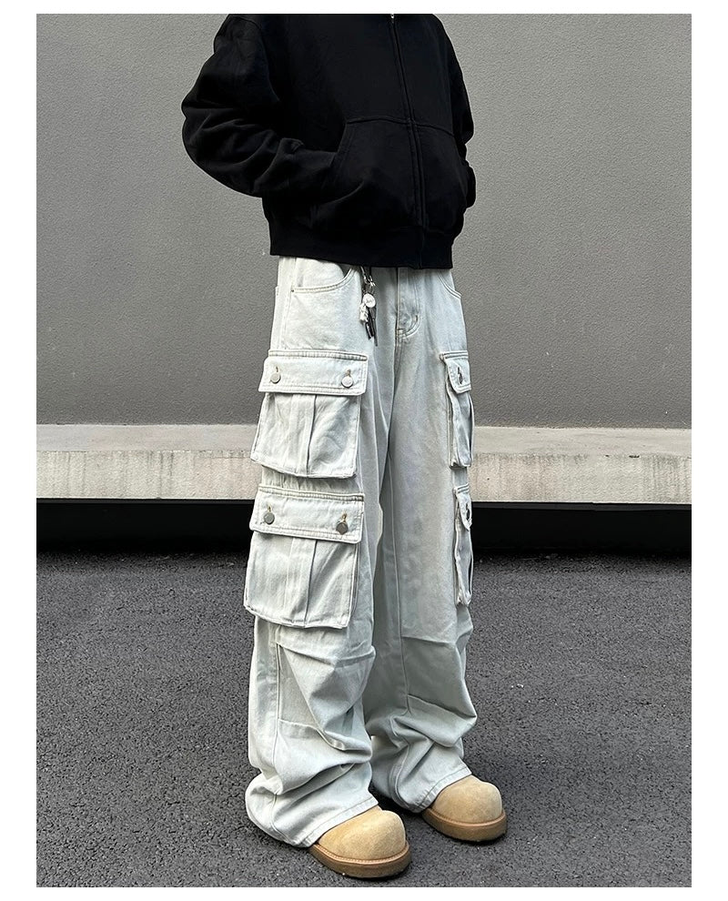 Men’s American Street Style Light Wash Multi-Pocket Jeans – Vintage Cargo Denim Pants B0053