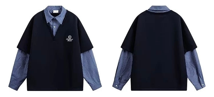 Men’s Korean Layered Plaid Sweatshirt – Casual Street Style Fake Two-Piece Pullover S0035