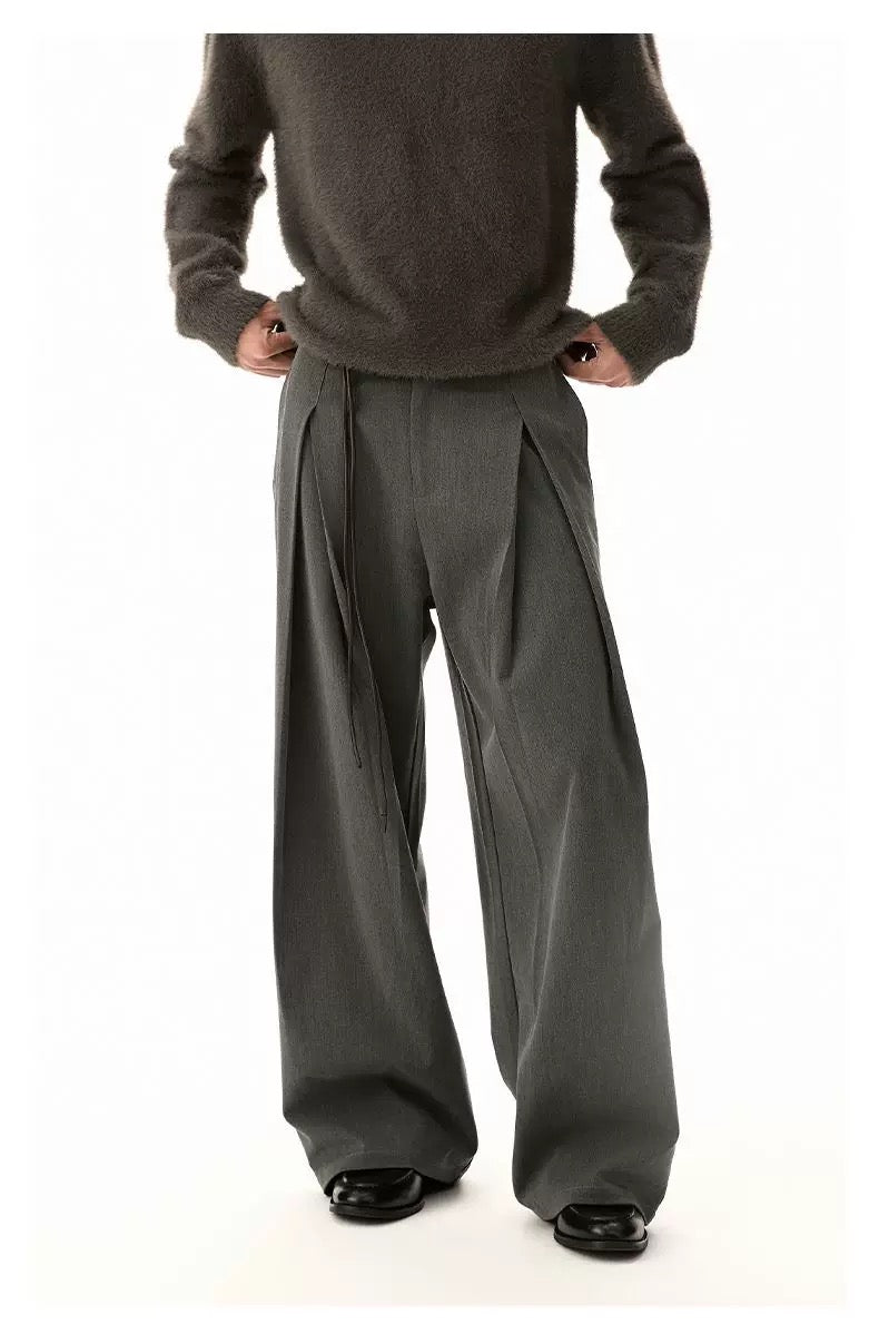 Men’s Pleated A-Line Flare TR Trousers – 3D Wide-Leg Tailored Street Pants B0072