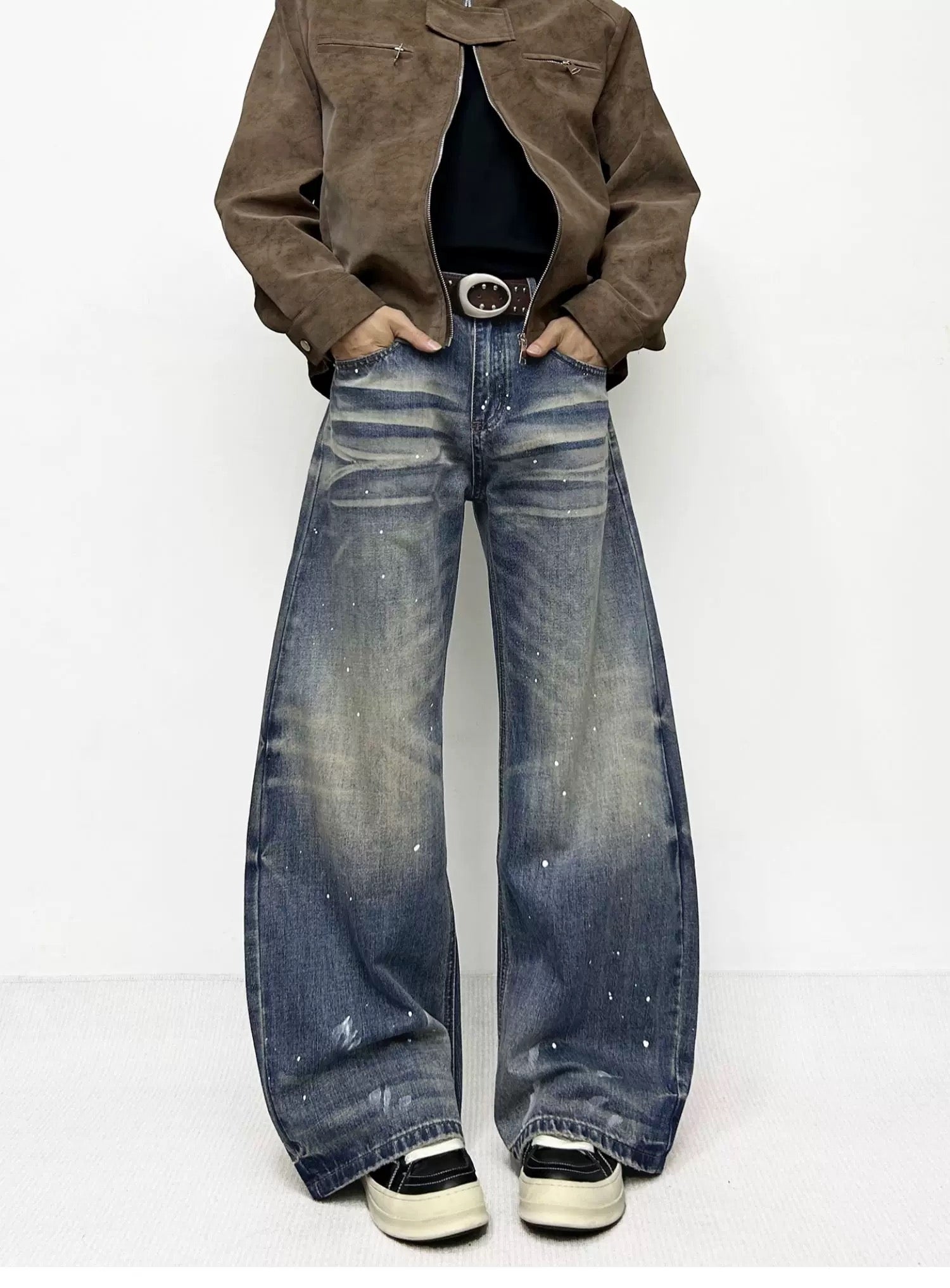 Men’s American Washed Splatter Blade-Cut Jeans – Vintage Distressed Streetwear Denim B0047