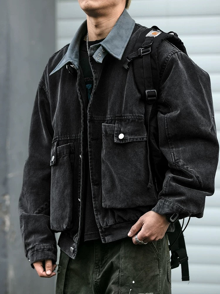 American Vintage Barn Jacket with 3D Pockets, Washed Distressed Paneled Collar Cropped Jacket for Men T0014