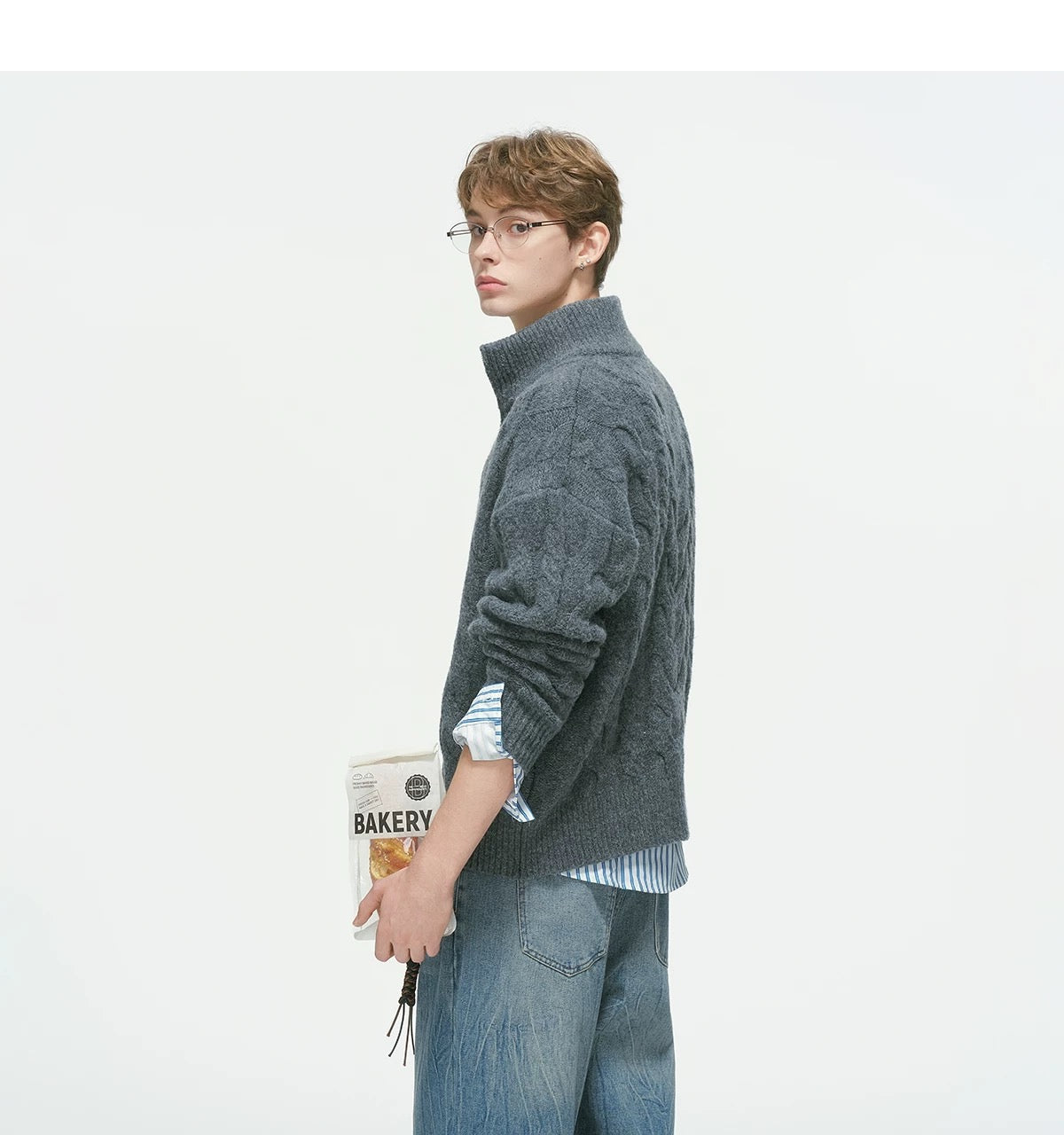 Vintage Cable Knit Turtleneck Sweater – American Retro Textured Pullover for MenS0026