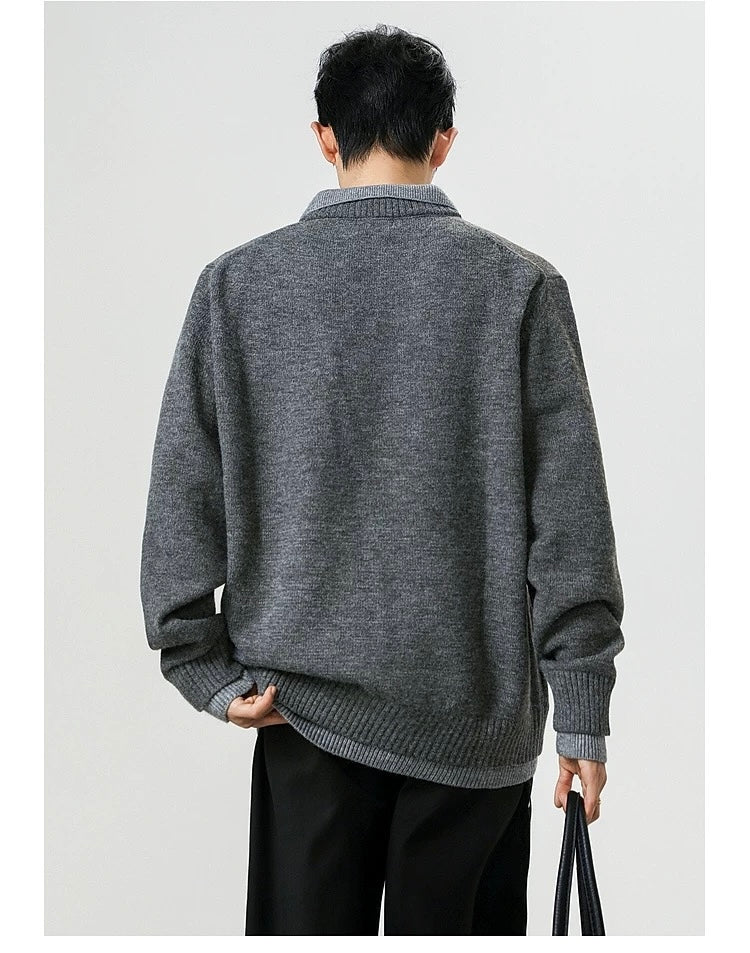 Vintage Layered Knit Sweater – Retro Patchwork Two-in-One Pullover for Men S0027