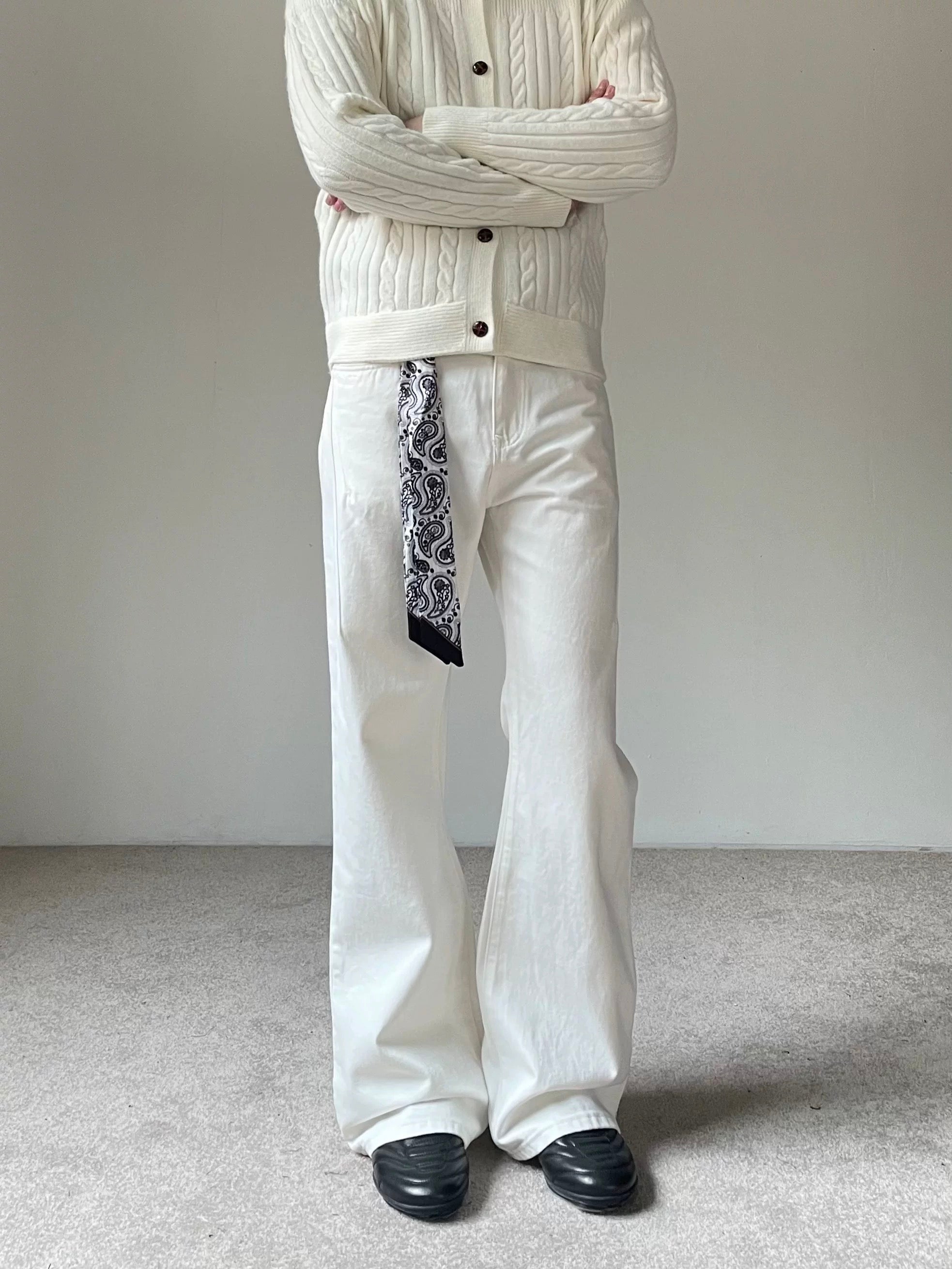 Men’s Vintage Scarf Detail Flare Jeans – American High Street Denim Pants B0074