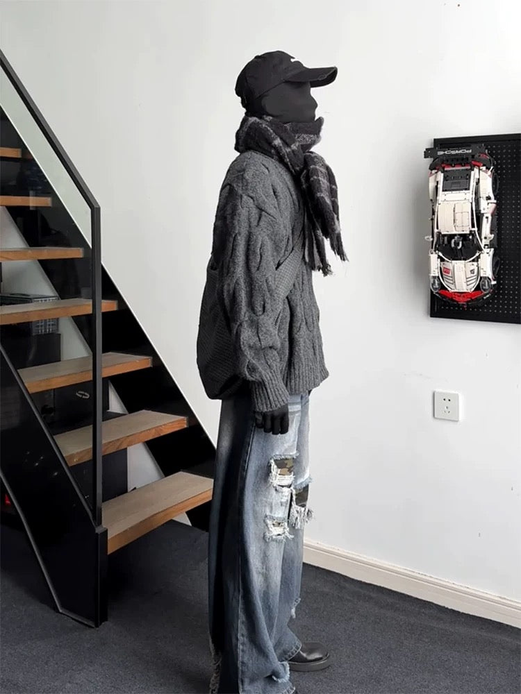 Vintage Cable Knit Turtleneck Sweater – American Retro Textured Pullover for MenS0026