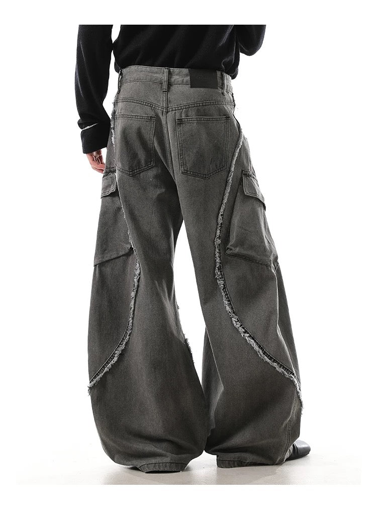 Men’s Vintage Deconstructed Denim Jeans – American Raw-Edge Curved Cut Wide-Leg Pants B0088