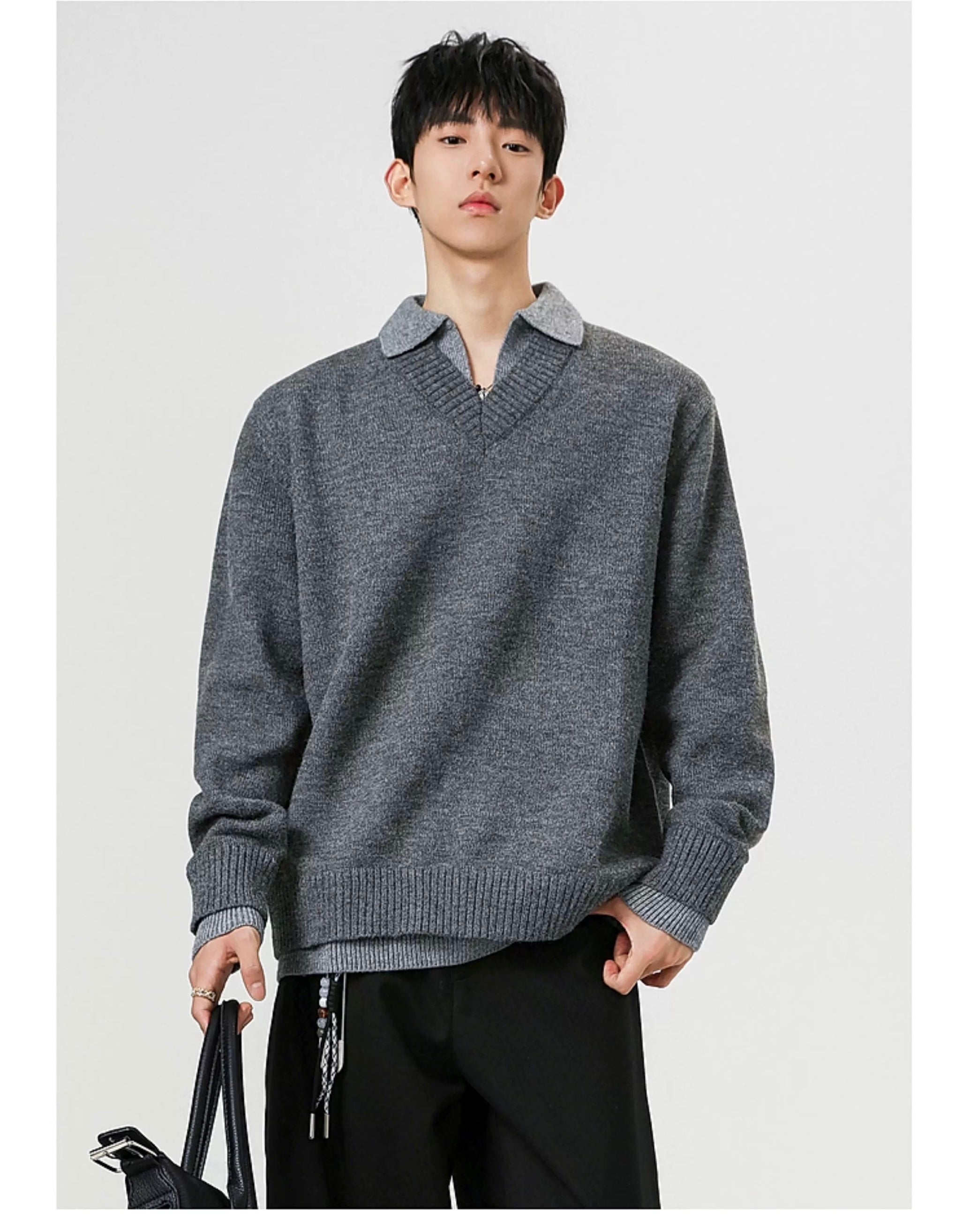 Vintage Layered Knit Sweater – Retro Patchwork Two-in-One Pullover for Men S0027