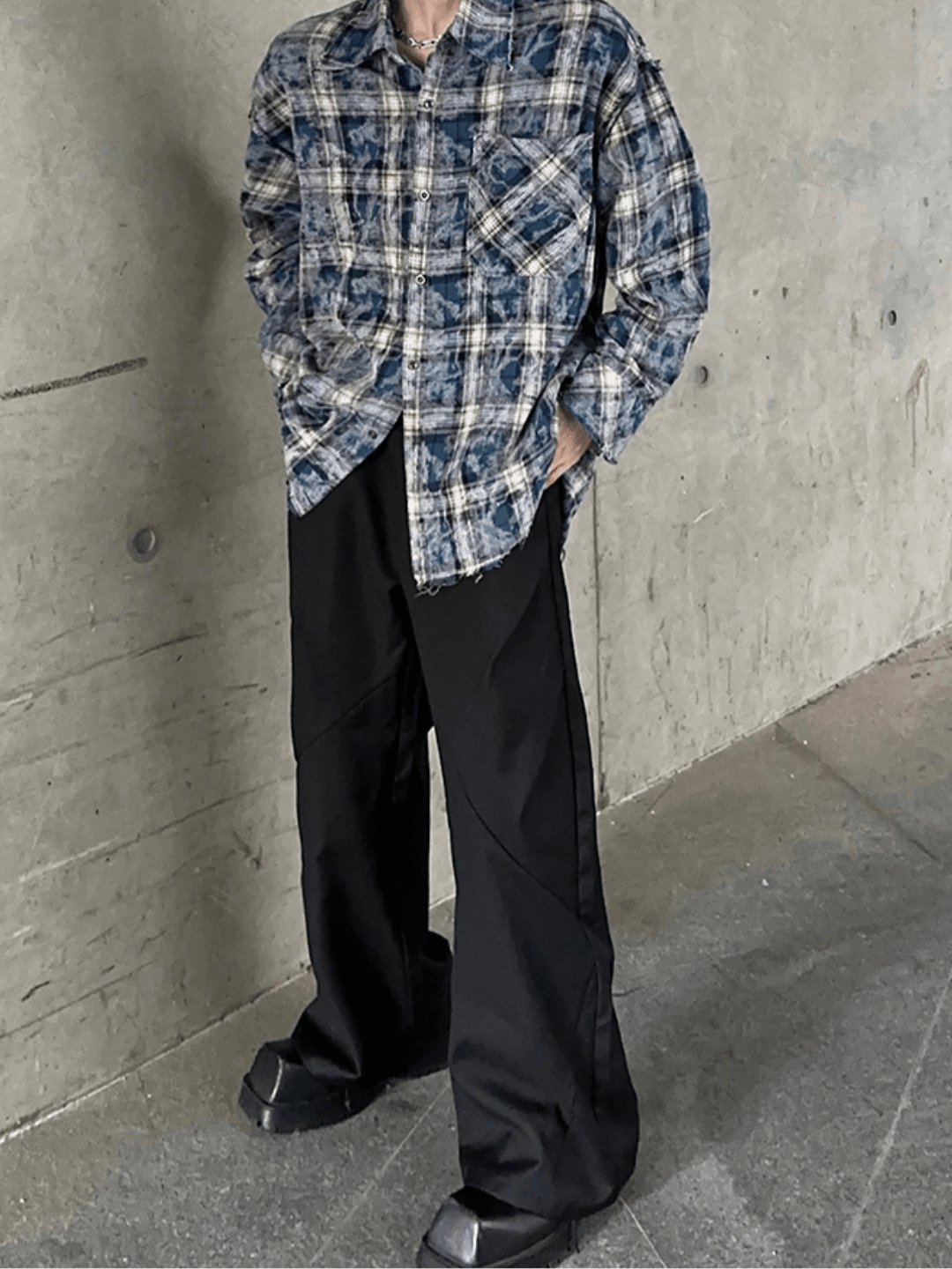 [JM HOMME] distressed raw edge plaid shirt J0112