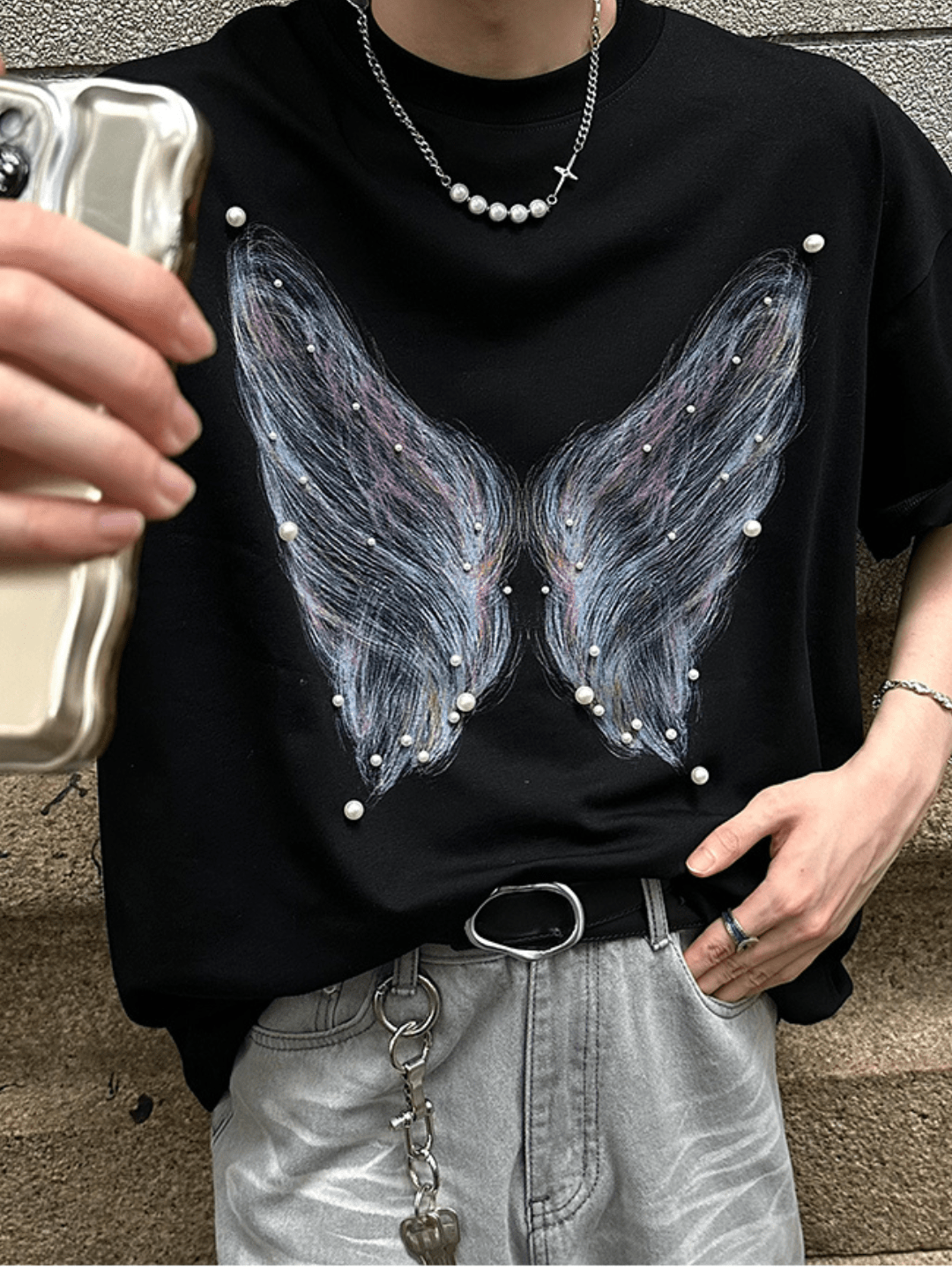 [JH HOMME] pearl butterfly print T-shirt J0098
