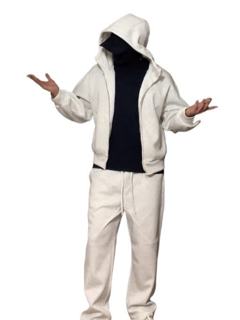 White grey hooded cardigan sweater set T0365