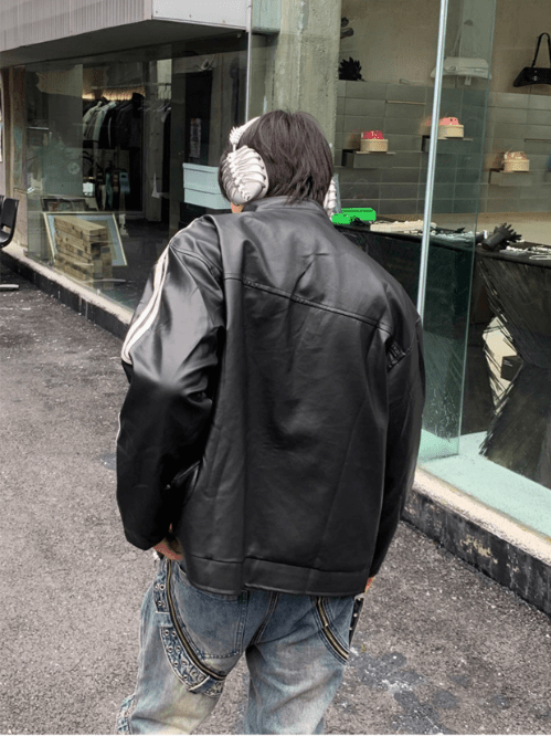 [K09] PU leather striped jacket T0169