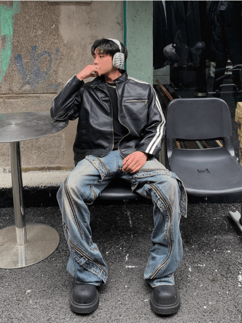 [K09] PU leather striped jacket T0169