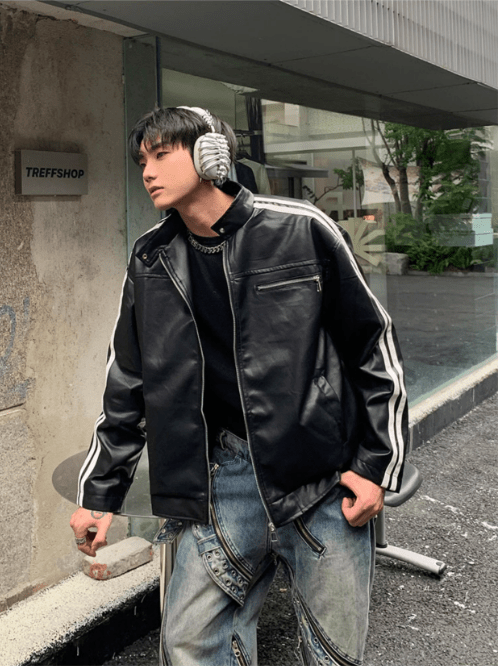 [K09] PU leather striped jacket T0169