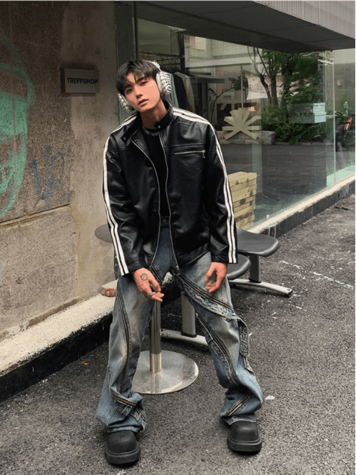 [K09] PU leather striped jacket T0169