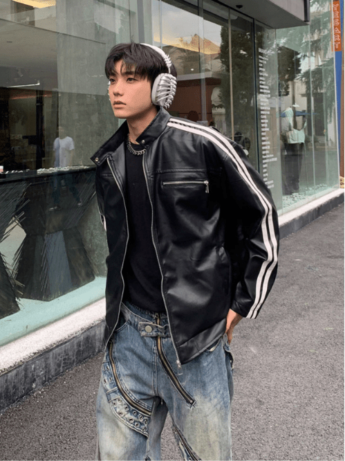 [K09] PU leather striped jacket T0169