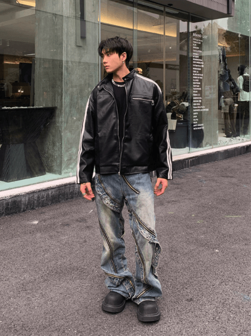 [K09] PU leather striped jacket T0169