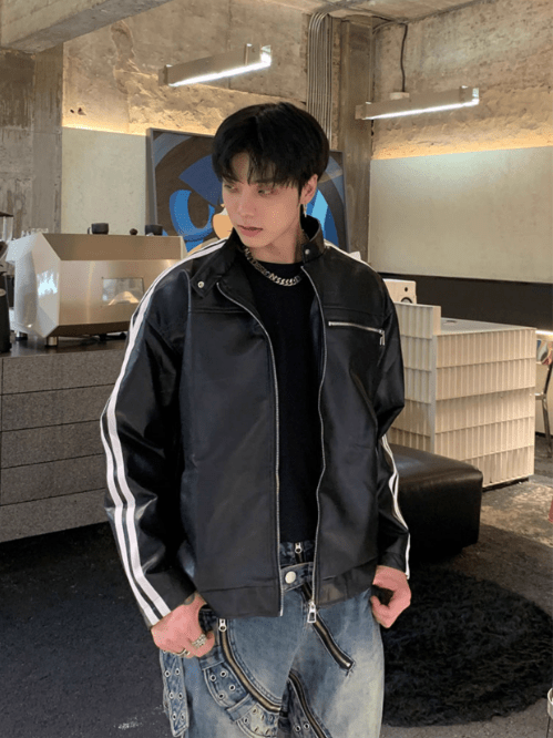 [K09] PU leather striped jacket T0169