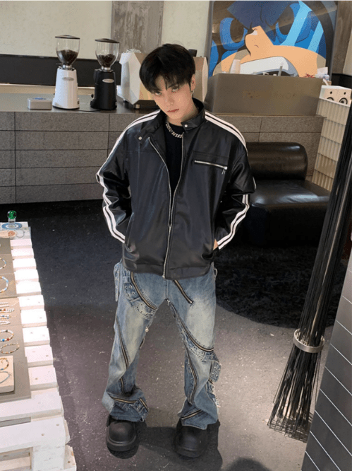 [K09] PU leather striped jacket T0169