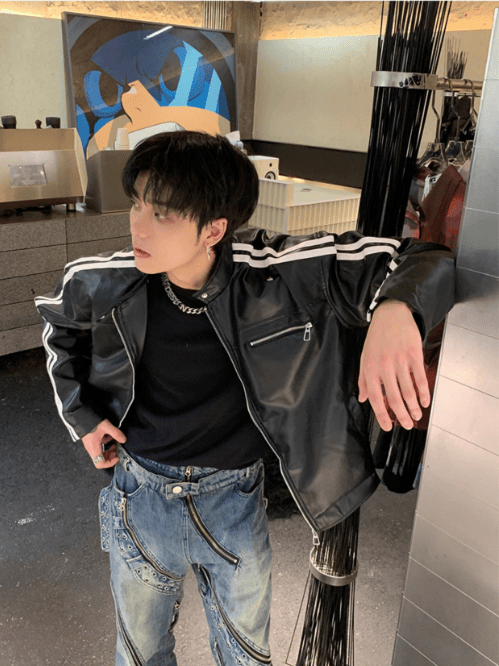 [K09] PU leather striped jacket T0169